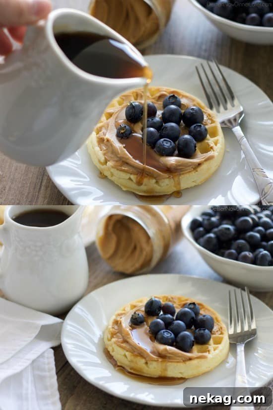 Peanut Butter Power-Ups: Delicious Breakfasts & On-the-Go Bites 6 Enjoy peanut butter for breakfast and on-the-go with these quick and tasty ideas! (Waffles with peanut butter, fruit, and syrup.)