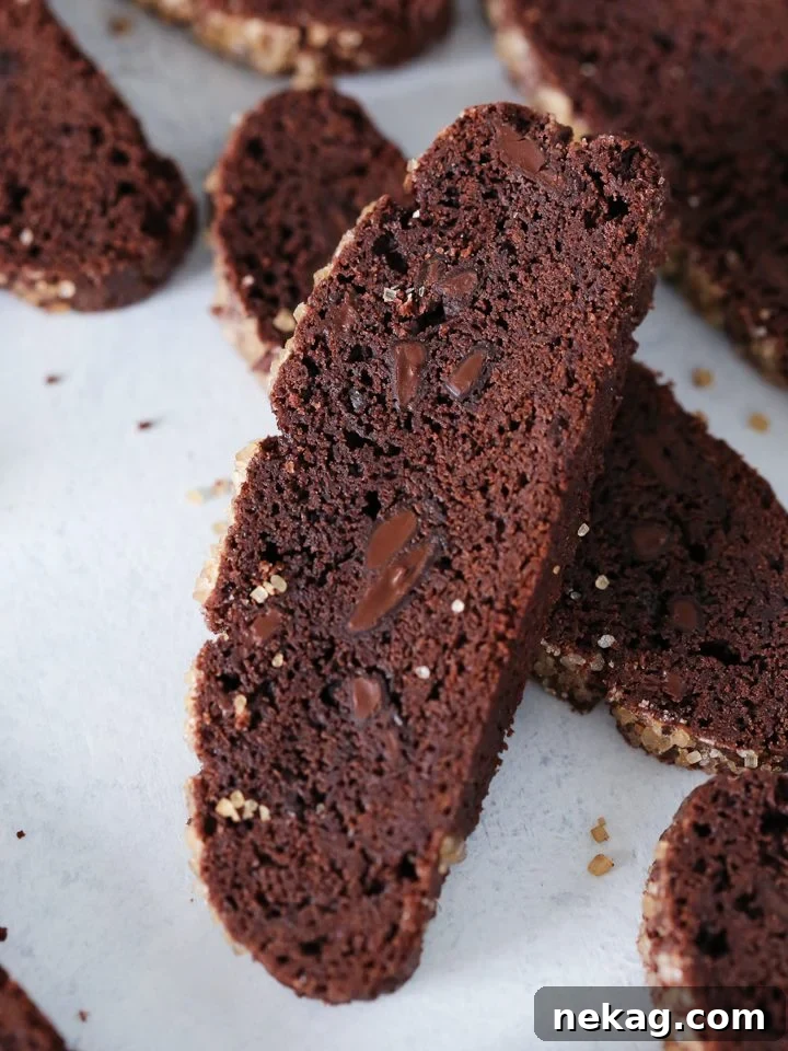 Decadent Chocolate Biscotti 2 Irresistible double chocolate biscotti with visible gooey chocolate chunks, perfect for dipping.