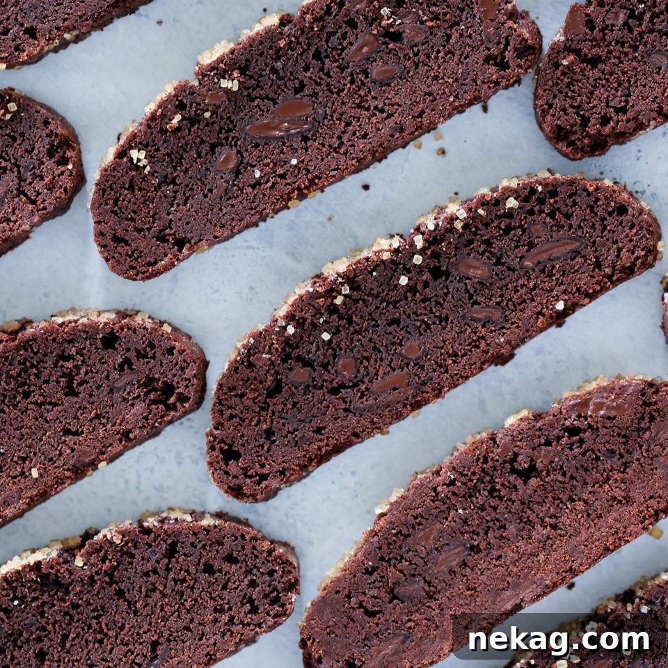 Decadent Chocolate Biscotti 3 Perfectly sliced double chocolate biscotti laid out on a baking sheet, ready for their second bake.