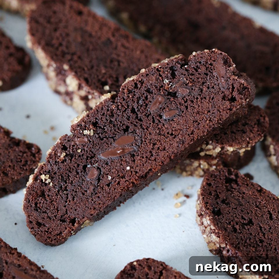 Decadent Chocolate Biscotti 4 Close-up of baked chocolate biscotti, showcasing the crunchy turbinado sugar topping.