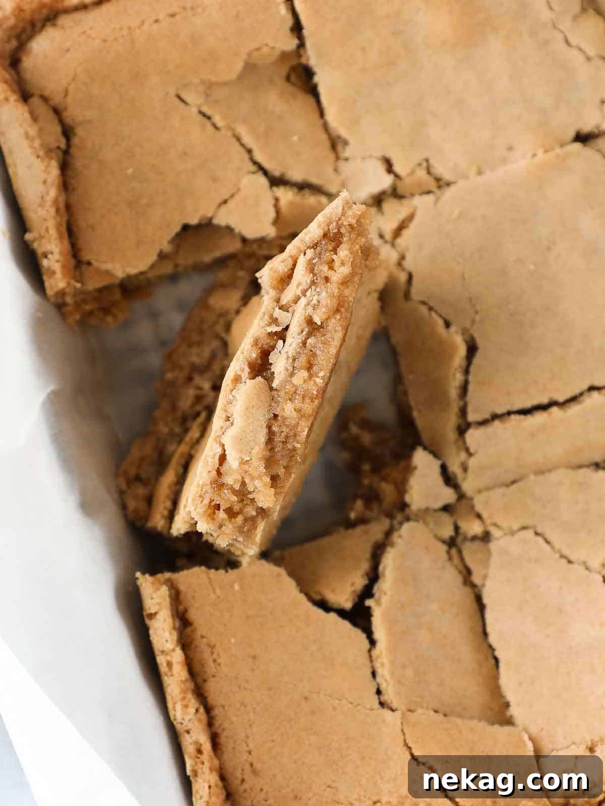 Sliced butterscotch brownies in a pan, with one brownie turned on its side to show its chewy texture.