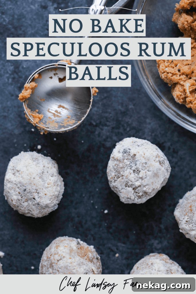 No-Bake Speculoos Rum Balls 7 Two No Bake Speculoos Rum Balls on a festive plate.