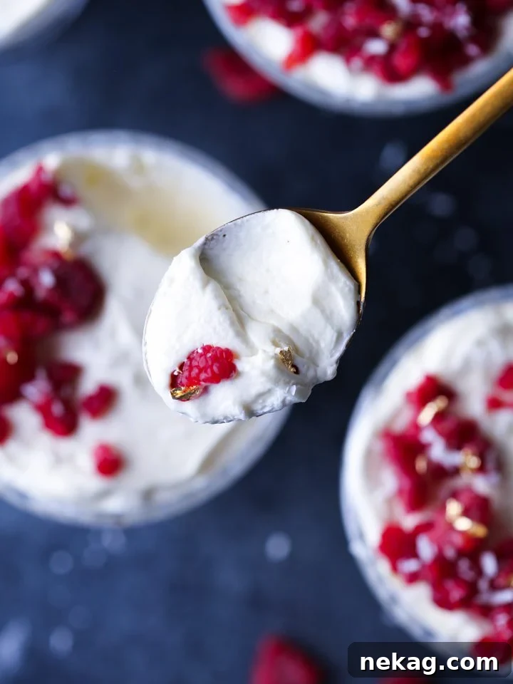 A beautifully textured White Chocolate Raspberry Mousse garnished with fresh raspberries and a dusting of powdered sugar.