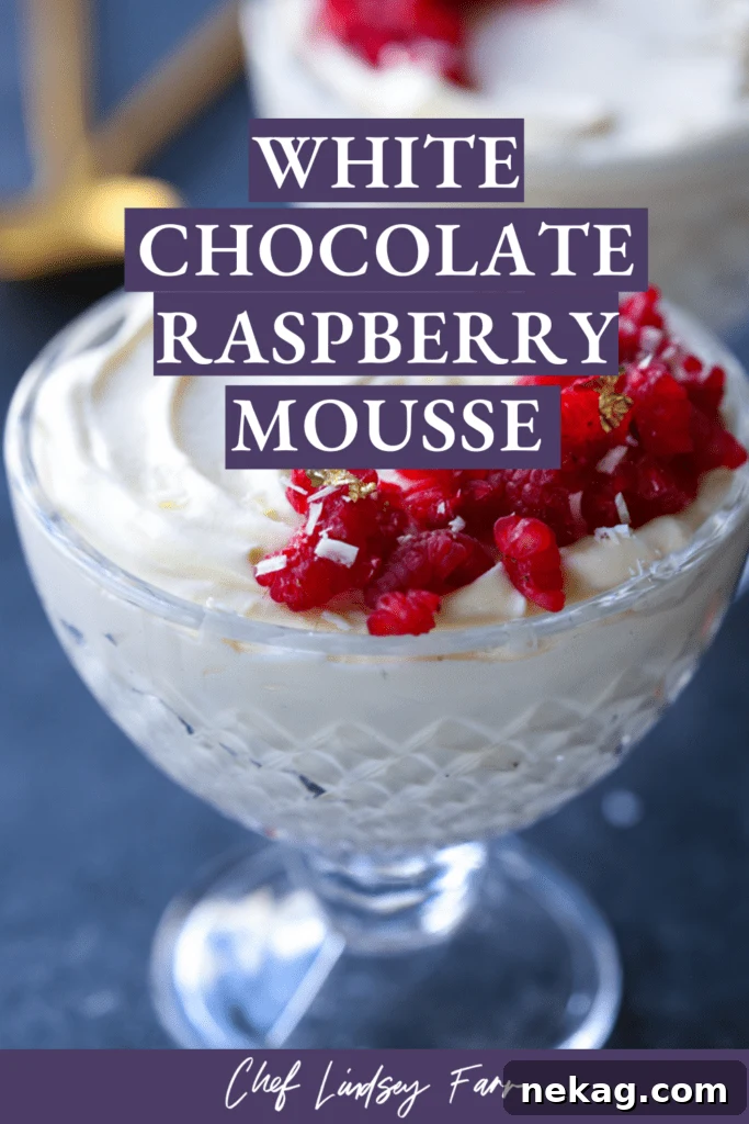 Overhead shot of two glasses of White Chocolate Raspberry Mousse, garnished with fresh raspberries.