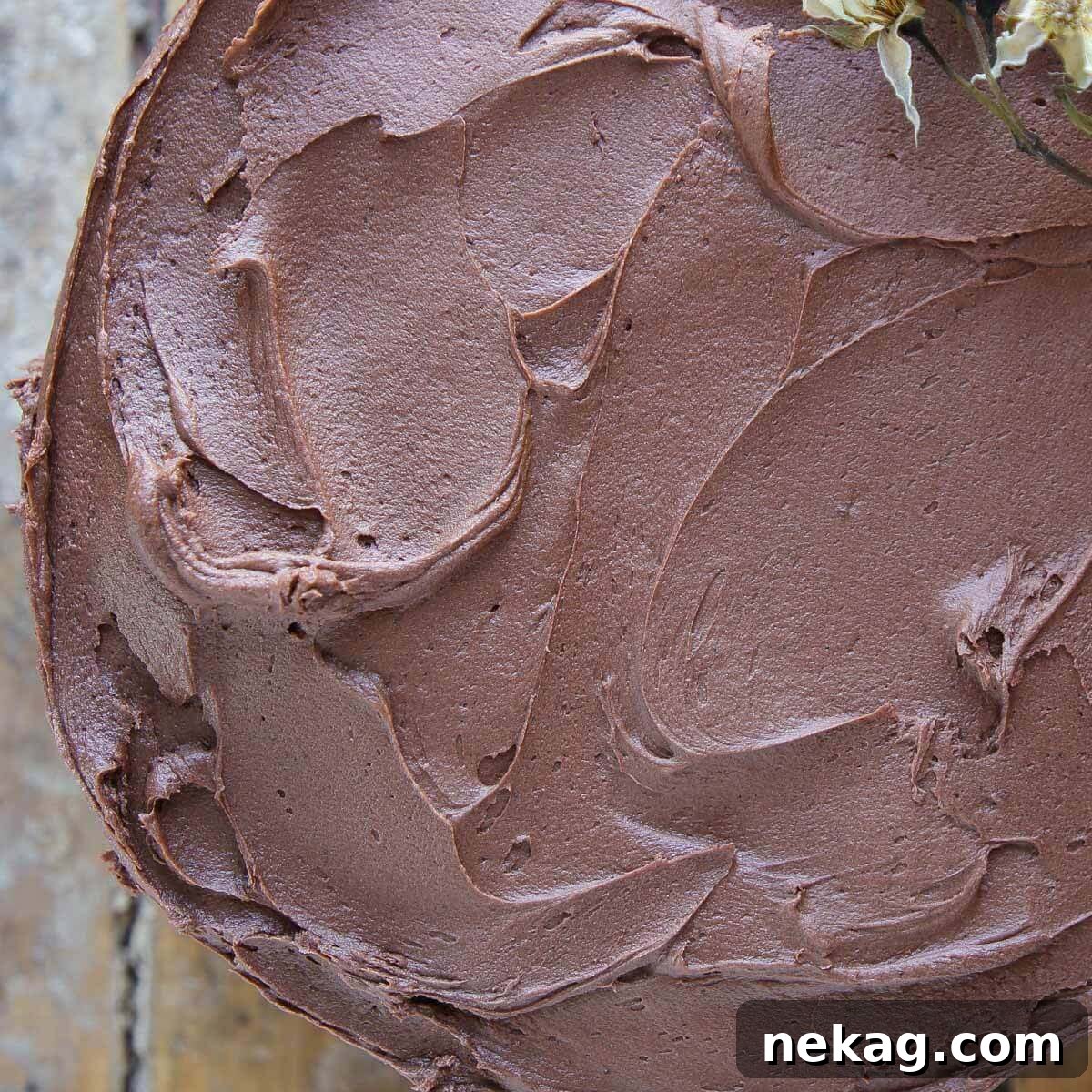 Decadent Chocolate Frosting 3 Easy chocolate buttercream frosting swirled artistically on a cake, ready to serve.