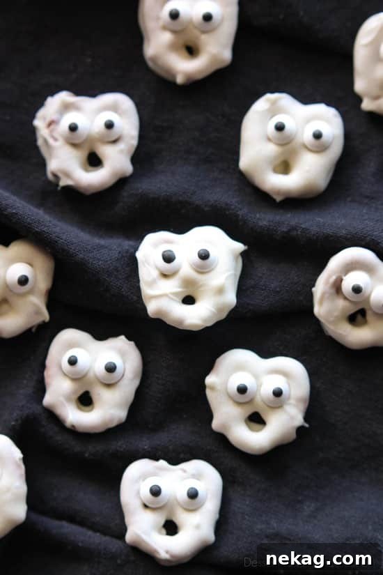 Finished Ghost Pretzels ready to be eaten