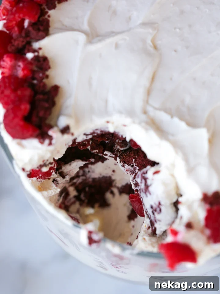 Ruby Raspberry Velvet Trifle 3 Close-up of a Red Velvet Raspberry Trifle showing distinct layers of red cake and cream