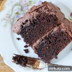 A single slice of rich one-bowl chocolate cake with creamy frosting on a white plate.
