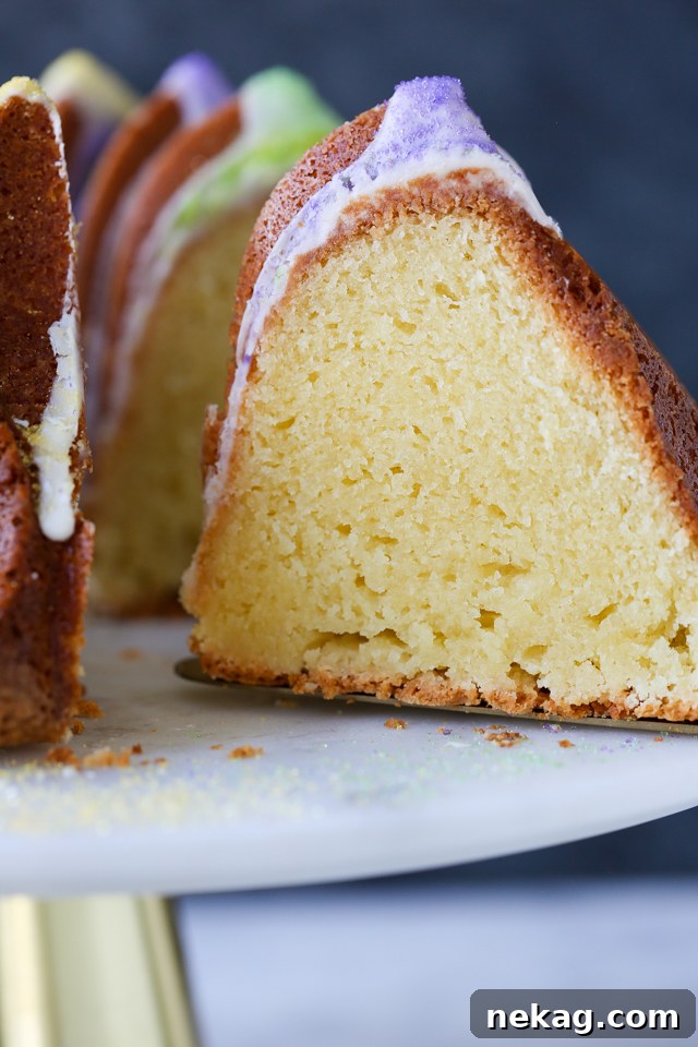 Close-up of Mardi Gras Bundt Cake with vibrant purple, yellow, and green sprinkles