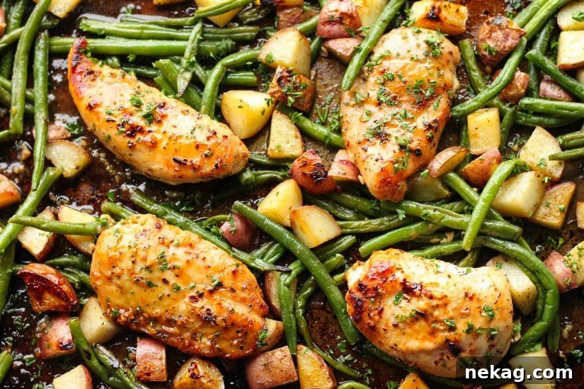 Sheet Pan Honey Garlic Chicken and Roasted Vegetables 3 Close-up of golden-brown honey garlic chicken and tender roasted vegetables on a sheet pan.