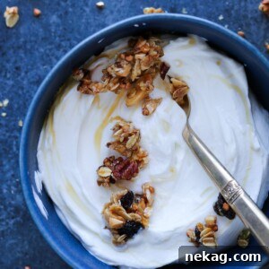 Honey Granola on yogurt in blue bowl