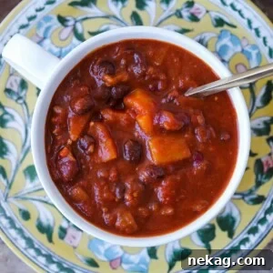 Butternut Squash Chili Vegan in white bowl.