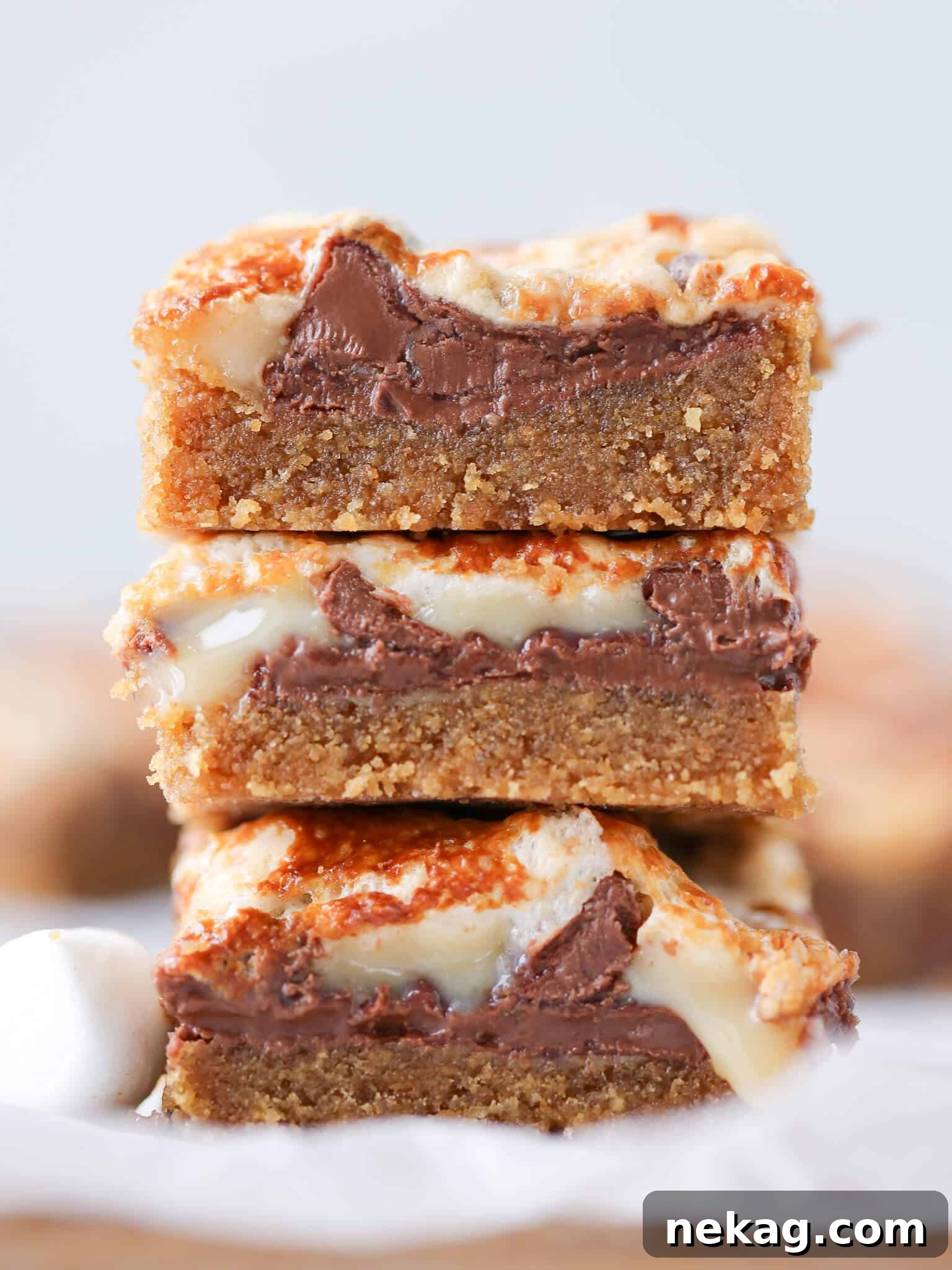 Molten S'mores Delights 2 Stacked Ooey Gooey S'mores Bars with toasted marshmallows on top