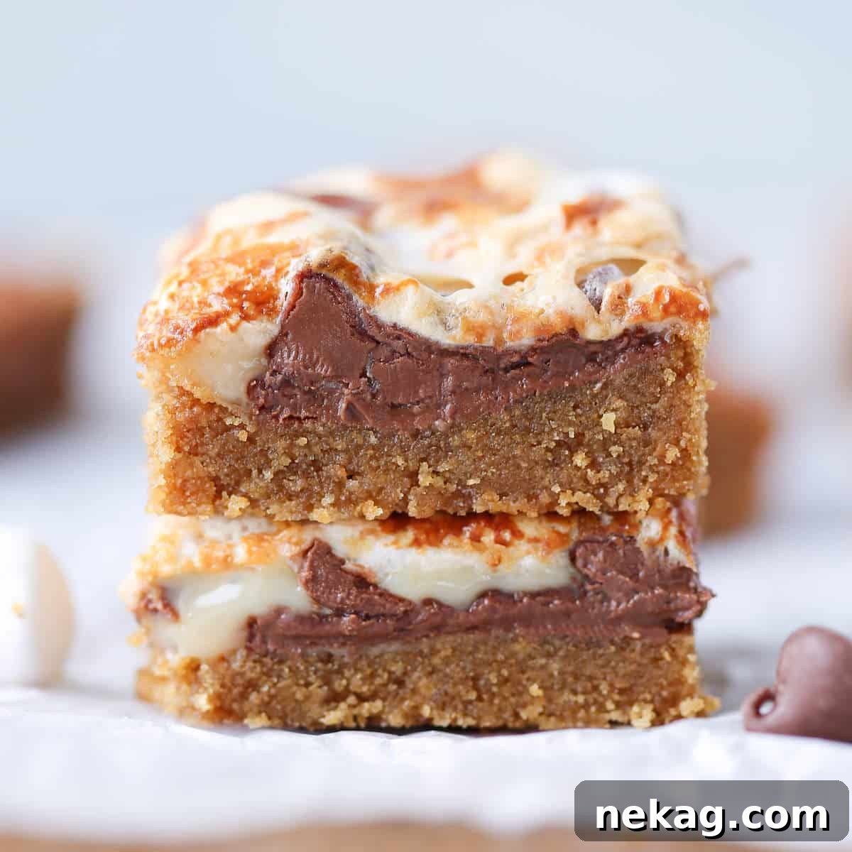 Molten S'mores Delights 5 Two Ooey Gooey S'mores Bars stacked, showing layers