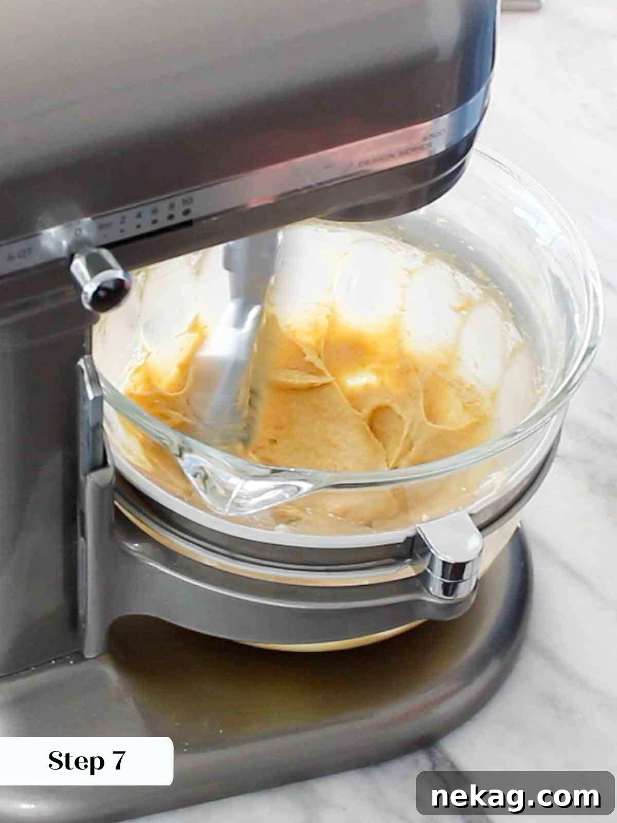 Mixing the light and fluffy cake batter in a stand mixer.