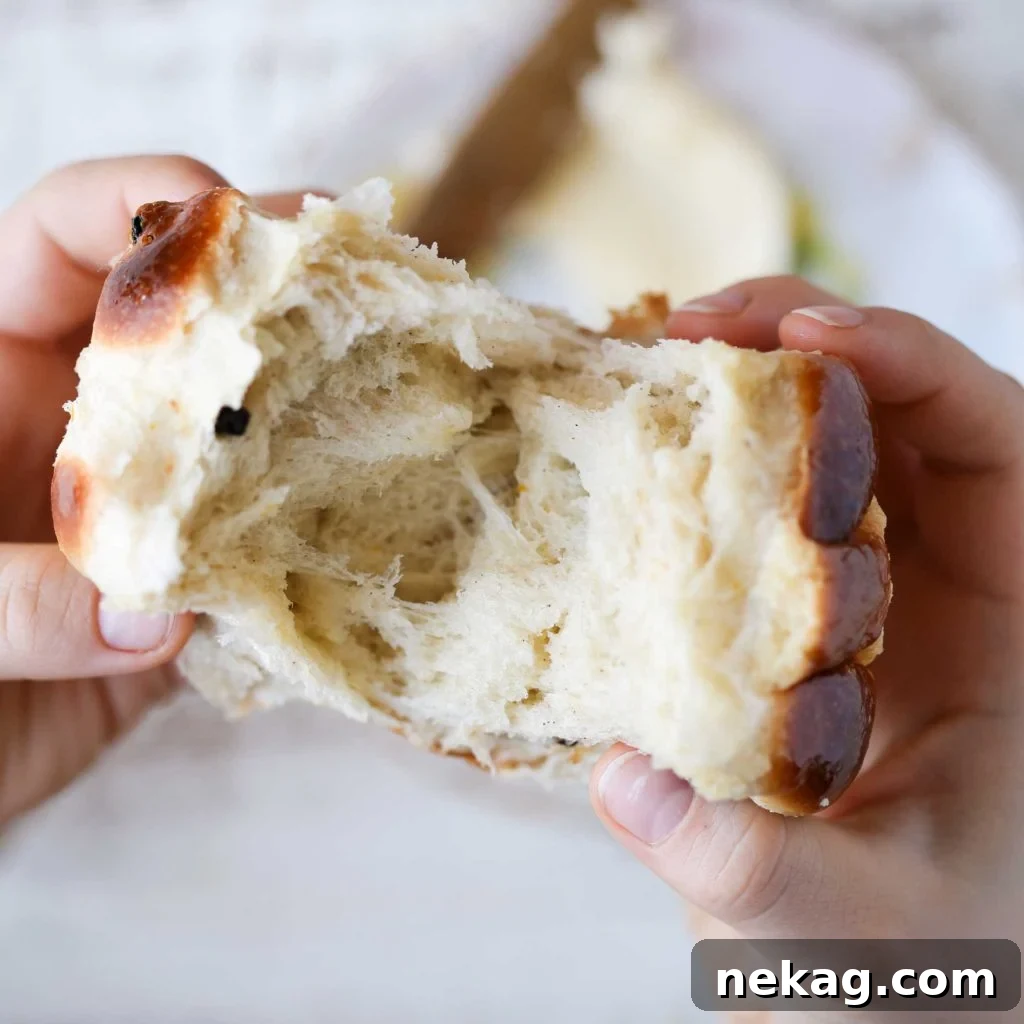 Tangy Sourdough Hot Cross Buns 2 Close-up of fluffy Sourdough Hot Crossed Buns, gently pulled apart to reveal their soft interior.