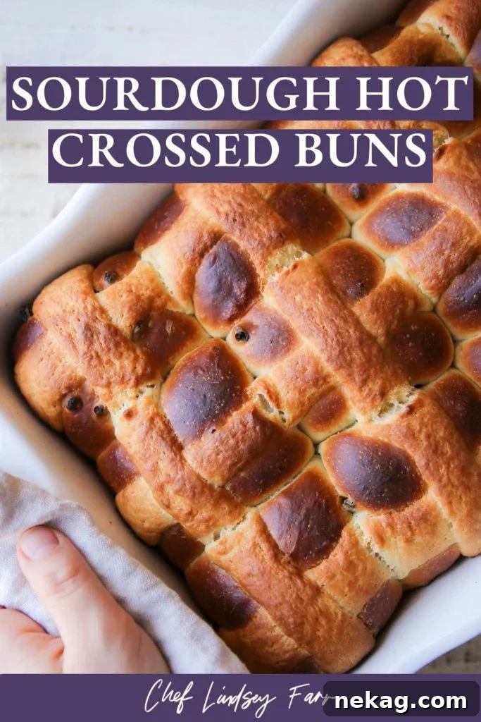 Tangy Sourdough Hot Cross Buns 9 Overhead view of Sourdough Hot Crossed Buns with dough crosses visible, for Pinterest.