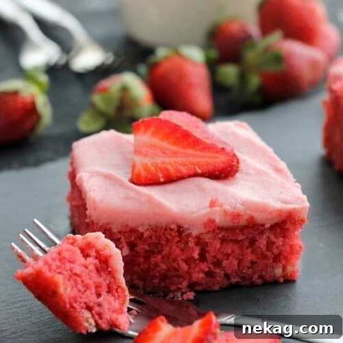Strawberry Dream Cake 2 This strawberry cake uses fresh strawberries and flavored gelatin for a super flavorful strawberry sheet cake that will feed a crowd. It's really easy, and incredibly moist too!