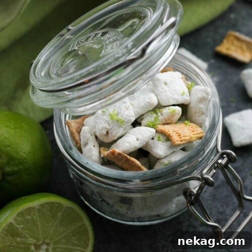 Delicious Key Lime Muddy Buddies, a sweet and tangy snack
