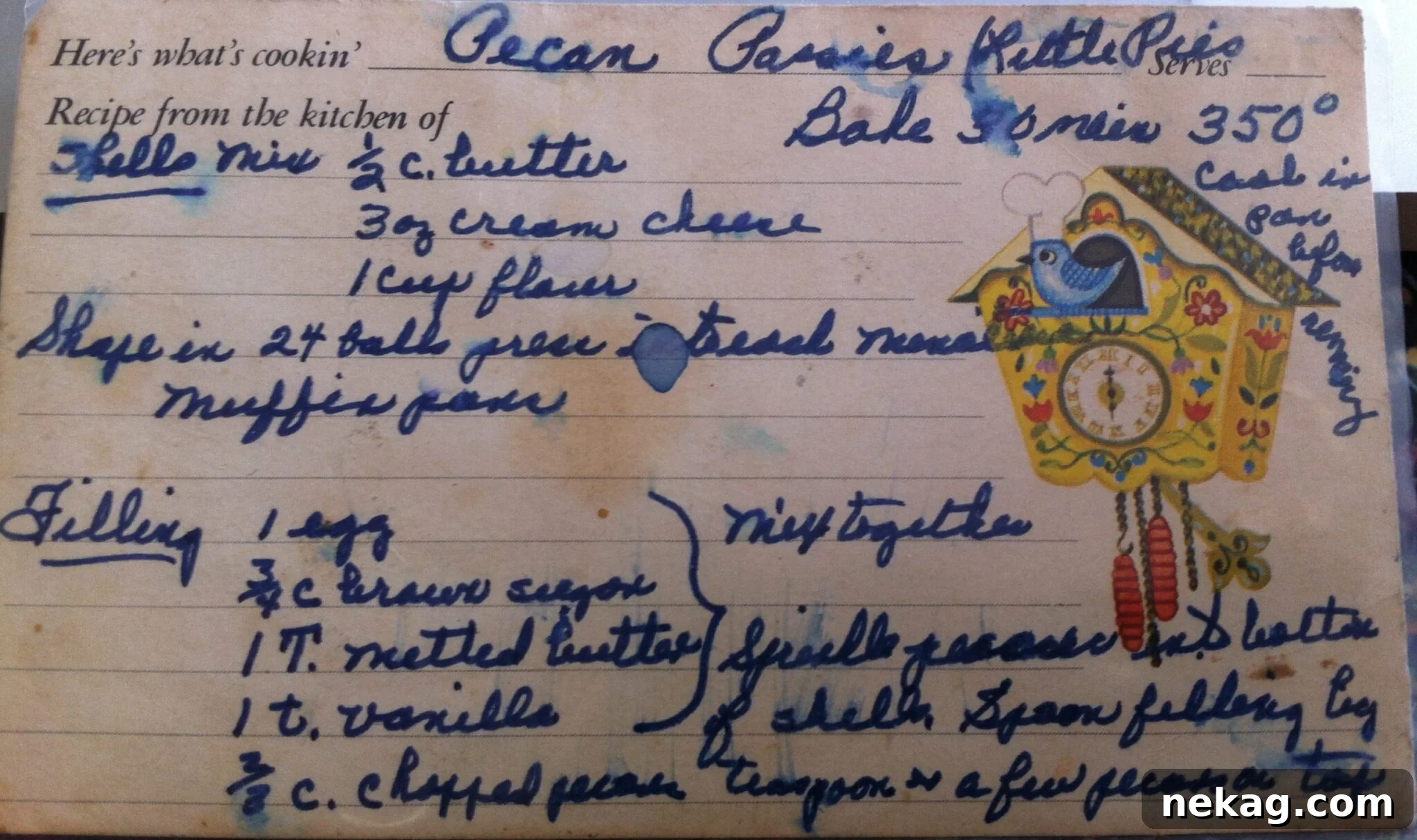 My great grandmother's original handwritten recipe card for the best pecan tassies ever, showing its authenticity and heritage.