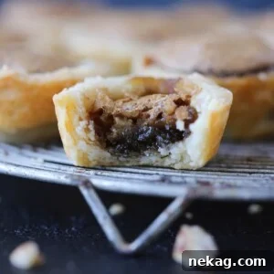 Pecan tassie on a dark background with flaky layered crust, showing its irresistible texture.