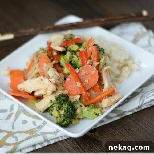 Close-up of a delicious Paleo Chicken Stir-Fry with vibrant green broccoli, red bell peppers, carrots, and tender chicken.