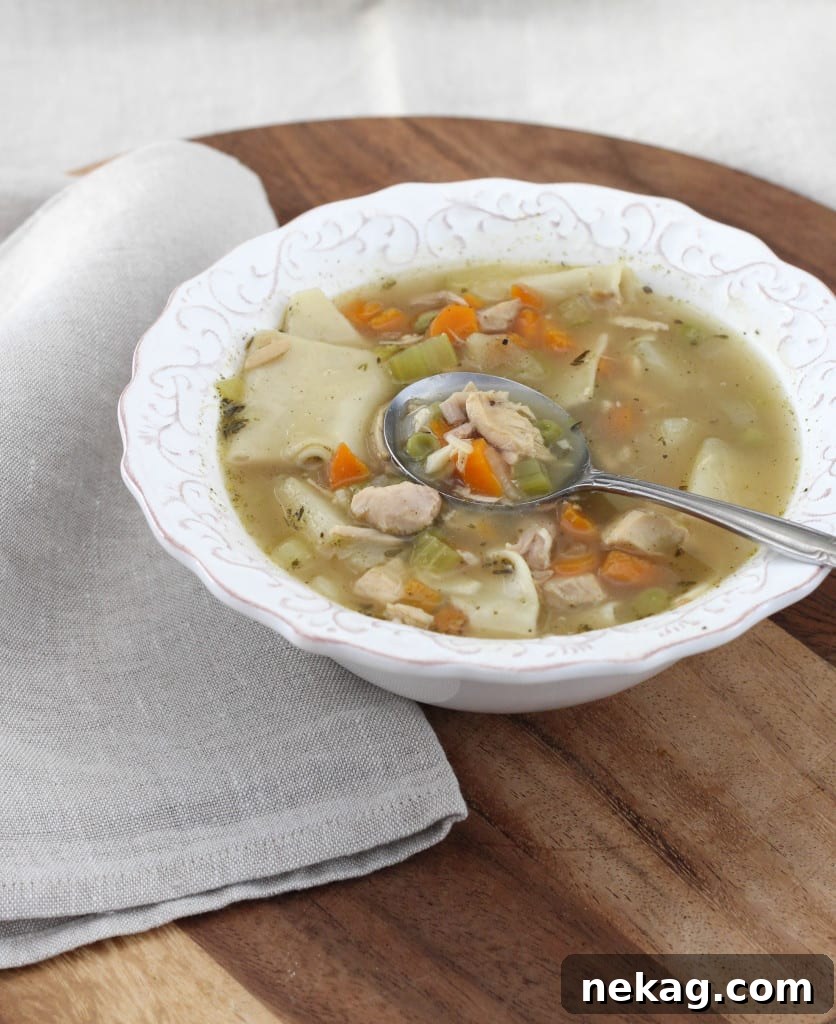 Close-up of Homemade Chicken Noodle Soup with vegetables