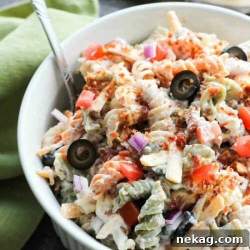 Bacon Ranch Pasta Salad, a creamy and savory side dish perfect for any summer party or BBQ.