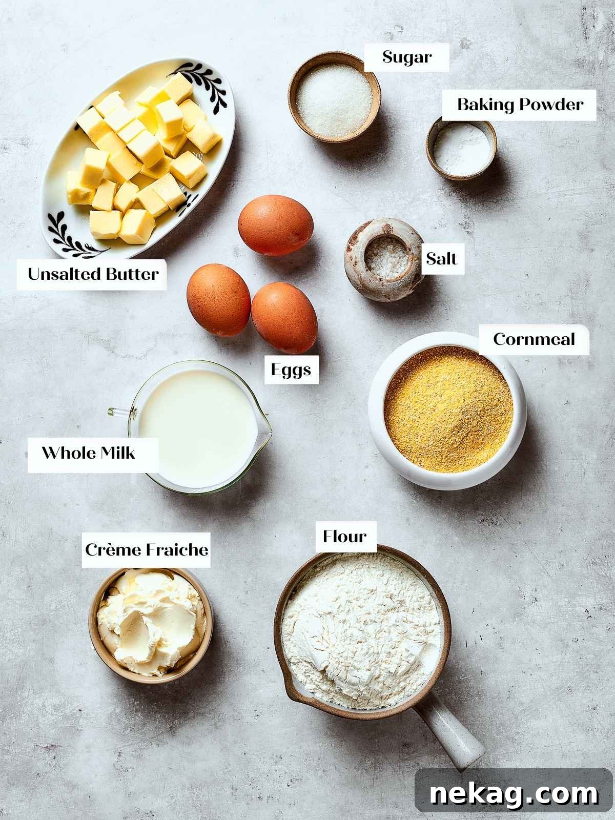 Various cornbread ingredients including flour, cornmeal, milk, and eggs neatly arranged on a kitchen counter, ready for preparation.