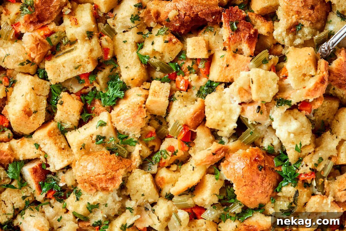 Close-up of baked cornbread dressing, showing distinct cubes of cornbread and rustic bread, highlighting the appealing texture.
