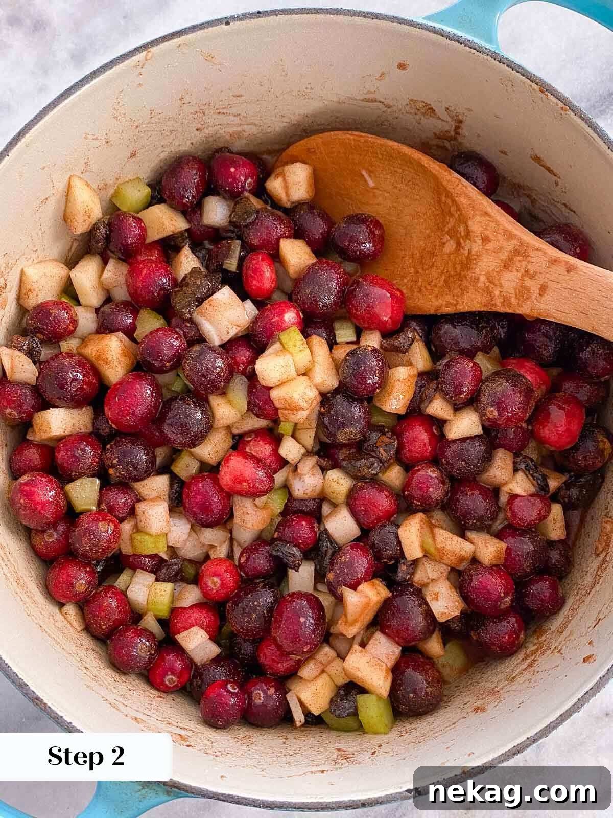Festive Cranberry Relish 4 Uncooked cranberry chutney ingredients, vibrant and fresh, waiting in a teal saucepan before the cooking process begins.