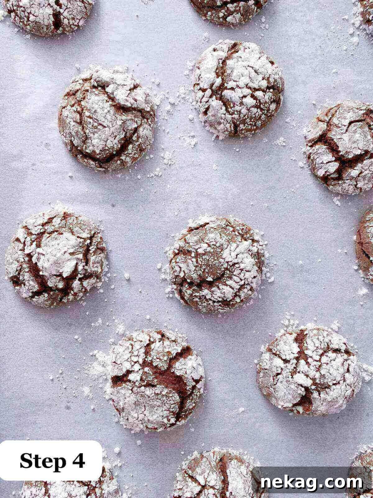 Freshly baked chocolate crinkle cookies on a baking sheet, showcasing their signature cracked powdered sugar tops.