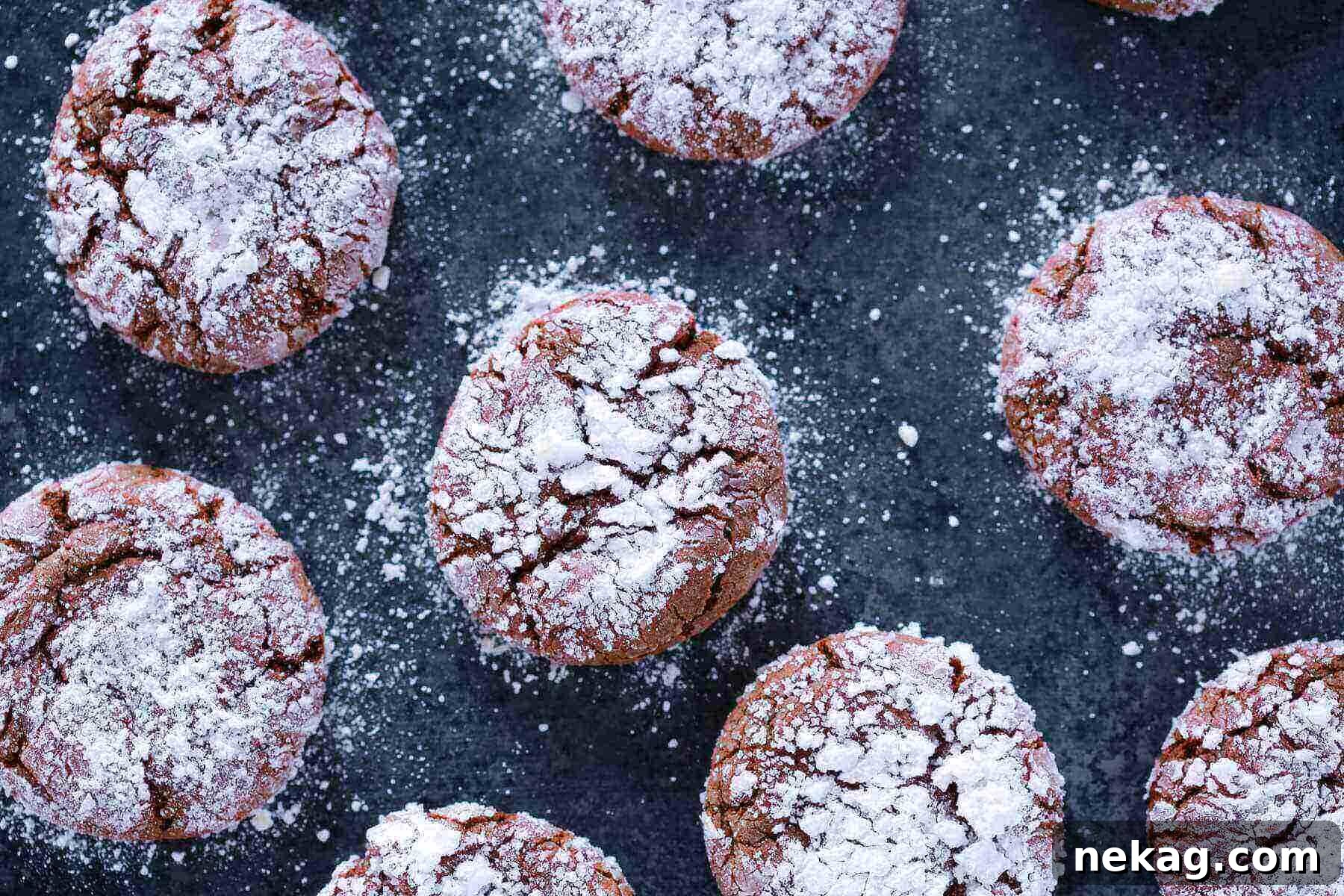 A beautifully arranged selection of chocolate crinkle cookies on a dark countertop, highlighting their delicate sugar coating.