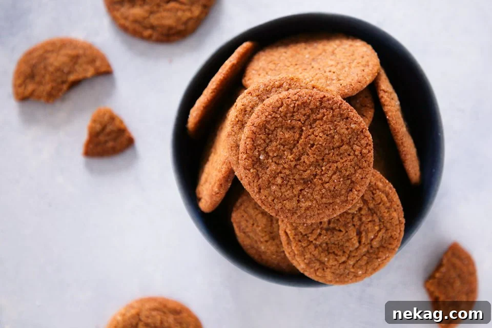 A stack of golden-brown Old Fashioned Gingersnaps, dusted with cinnamon sugar, on a white plate, inviting a taste of their classic spice and crunch.