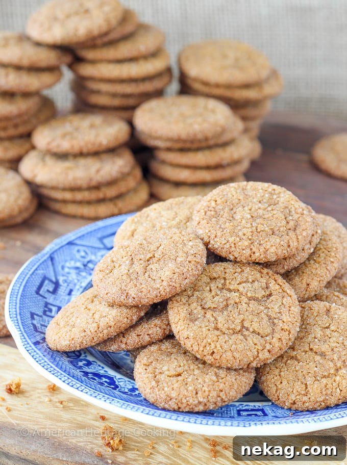 A rustic tin filled to the brim with perfectly baked Old Fashioned Gingersnaps, ready for gifting or enjoying, highlighting their transport-friendly nature.