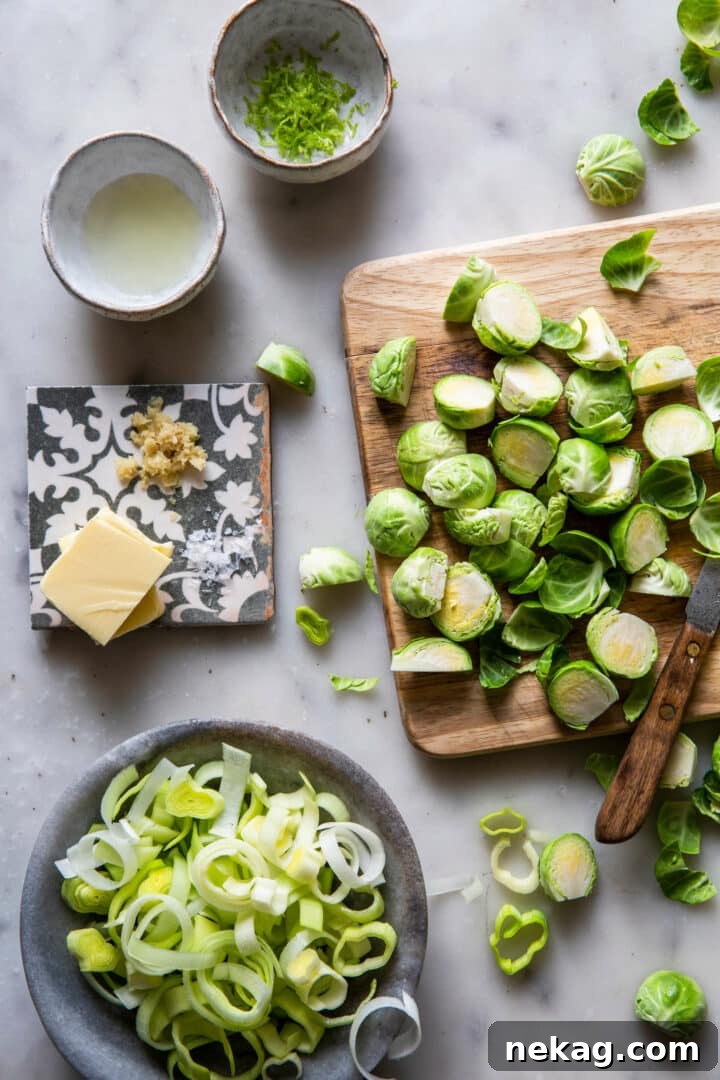 Zesty Lime-Ginger Buttered Brussels Sprouts and Leeks 6 Fresh Spiced Brussels Sprouts and Leeks Ready for Cooking