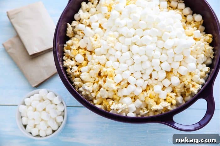 Popcorn and mini marshmallows are placed in a big bowl before mixing.