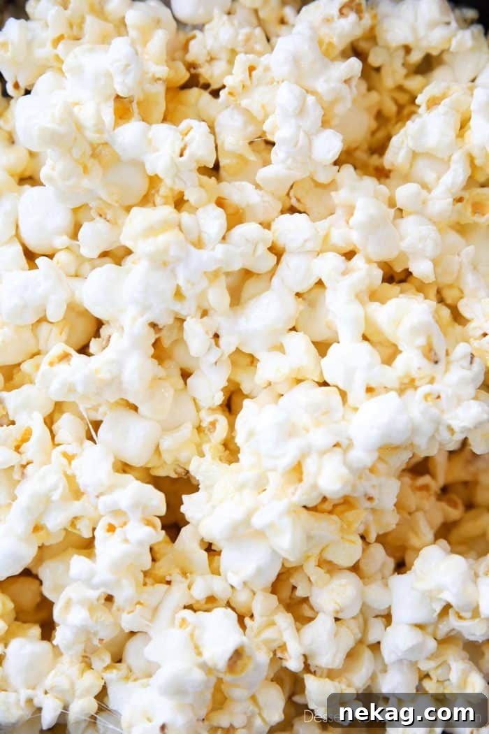 Marshmallow Popcorn is sweet and salty like caramel corn, but made without brown sugar and uses mini marshmallows for an extra soft and gooey snack.