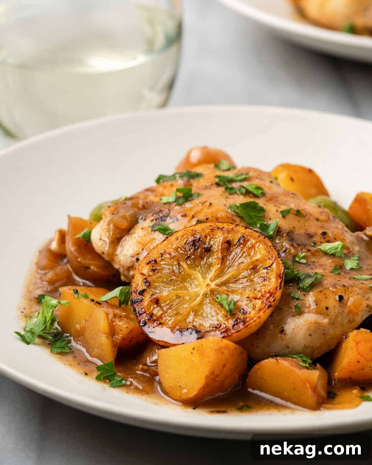 A serving of lemon chicken with olives and potatoes on a plate, garnished with fresh herbs, ready for a meal.