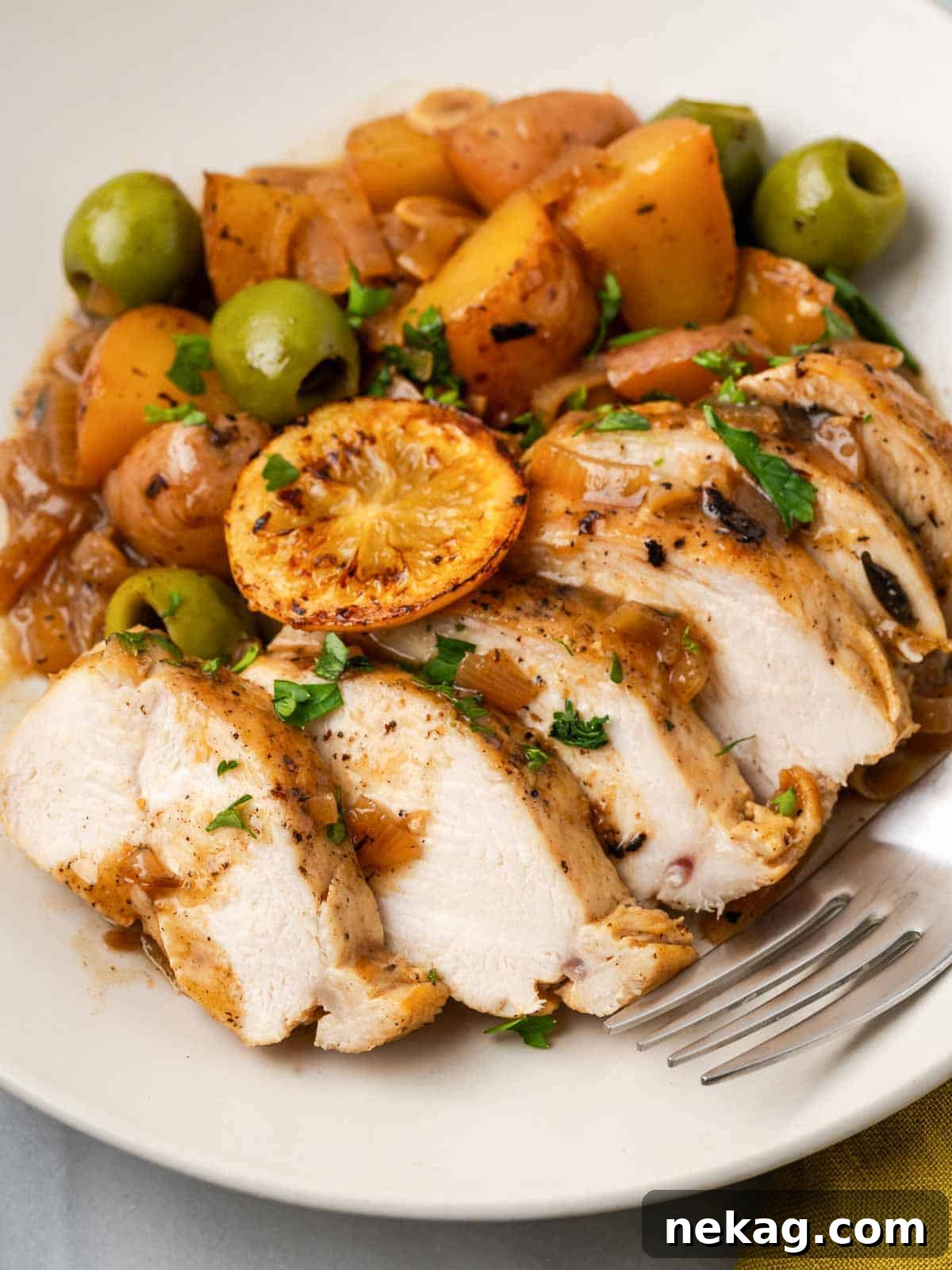 Perfectly sliced lemon chicken breast served on a plate with crispy roasted potatoes and fresh herbs, ready to enjoy.