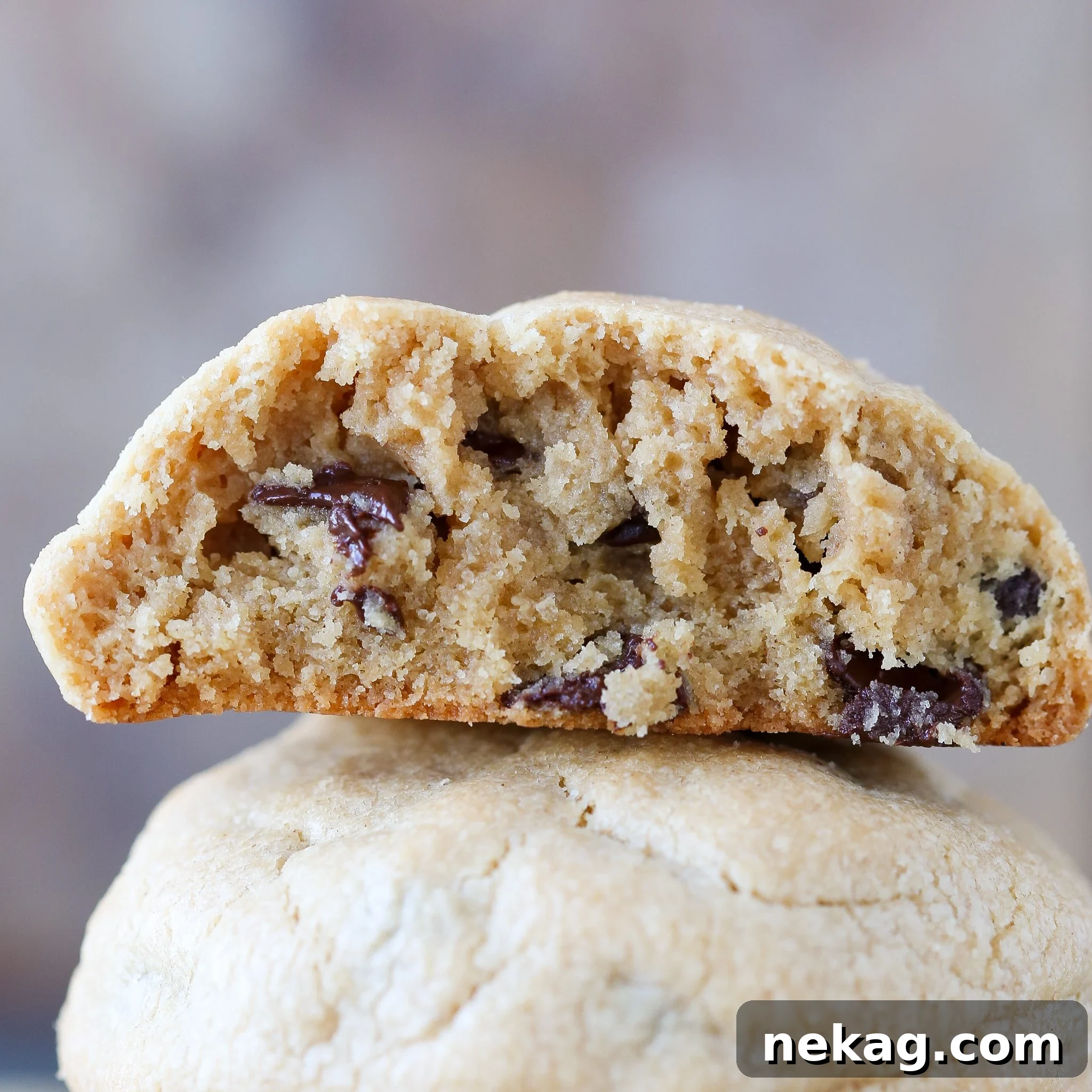 Nutty Chocolate Chip Indulgence 4 Two peanut butter chocolate chip cookies, one whole and one broken in half, revealing a perfectly chewy interior with melted chocolate.