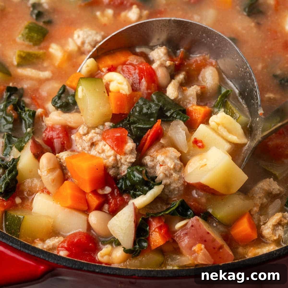 Hearty Ground Turkey Soup 4 details of soup in ladle.