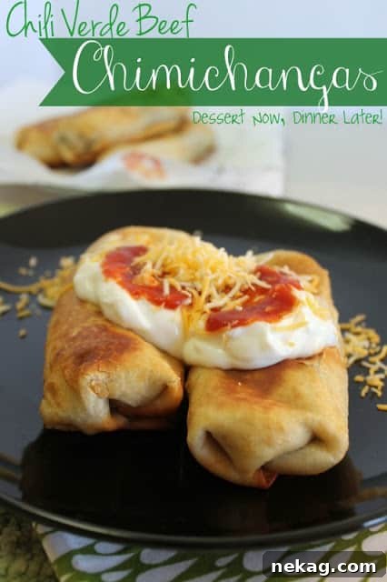 A perfectly fried Chili Verde Beef Chimichanga on a plate