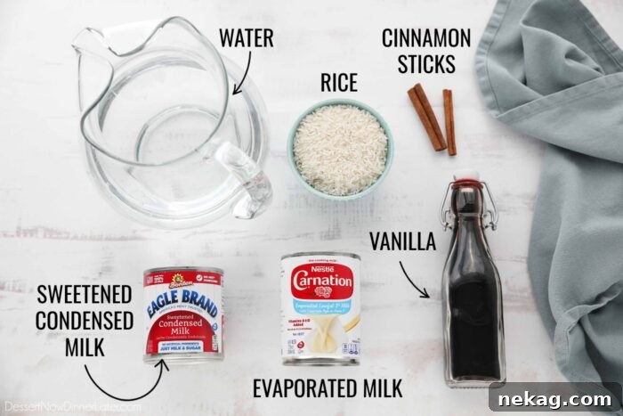 Homemade Horchata Made Easy 4 Ingredients laid out for horchata: water, white rice, cinnamon sticks, sweetened condensed milk, evaporated milk, and vanilla extract.