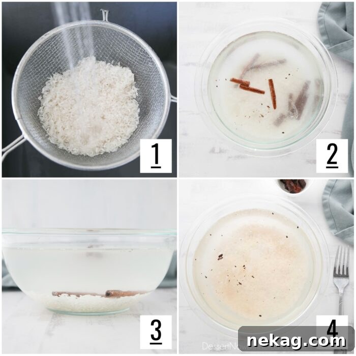 Homemade Horchata Made Easy 5 Four images showing the steps to make Mexican horchata: 1- Rinse and drain rice. 2- Combine rice with water and cinnamon sticks. 3- Cover and soak overnight. 4- Remove cinnamon sticks before blending rice mixture.