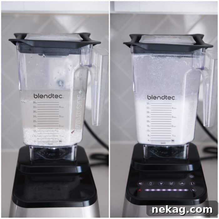 Homemade Horchata Made Easy 6 Before and after blending the rice mixture, showing the transformation from whole grains to a milky liquid.