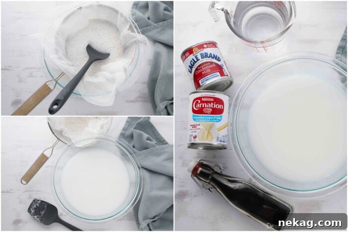 Homemade Horchata Made Easy 7 The process of straining the blended rice mixture through cheesecloth and a fine mesh sieve, followed by adding more water, milks, and vanilla.