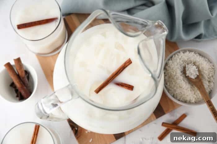 Homemade Horchata Made Easy 9 Top view of a pitcher of creamy horchata, a classic cinnamon rice milk drink.