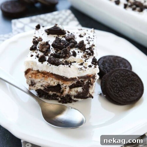 Frozen Oreo Bliss 2 A beautifully presented slice of Oreo Ice Cream Dessert on a plate, garnished with extra crushed Oreos and a hint of chocolate sauce, enticing viewers to try this simple, no-bake recipe.