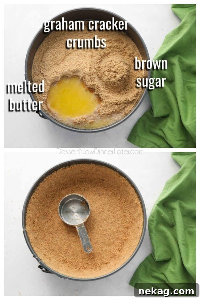 Oven-Free Cheesecake Delight 5 Collage. Top: No bake graham cracker crust ingredients: graham cracker crumbs, brown sugar, and melted butter. Bottom: Crust being pressed into springform pan with a measuring cup.